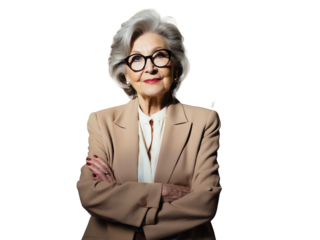 Selbstbewusste ältere Businessfrau mit Brille im Anzug PNG mit transparentem Hintergrund

