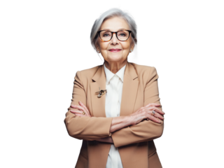 Selbstbewusste ältere Businessfrau mit Brille im Anzug PNG mit transparentem Hintergrund

