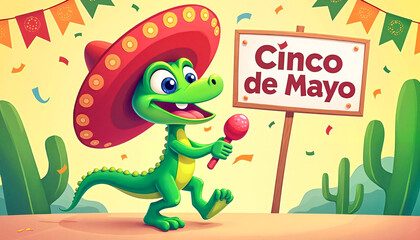 Cheerful green Mexican lizard dancing with maracas under a "Cinco de Mayo" sign amidst colorful confetti and papel picado, festive celebration concept.