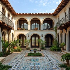 Naklejka premium Mediterranean Courtyard with Ornate Tilework Stone Walls and Balconies