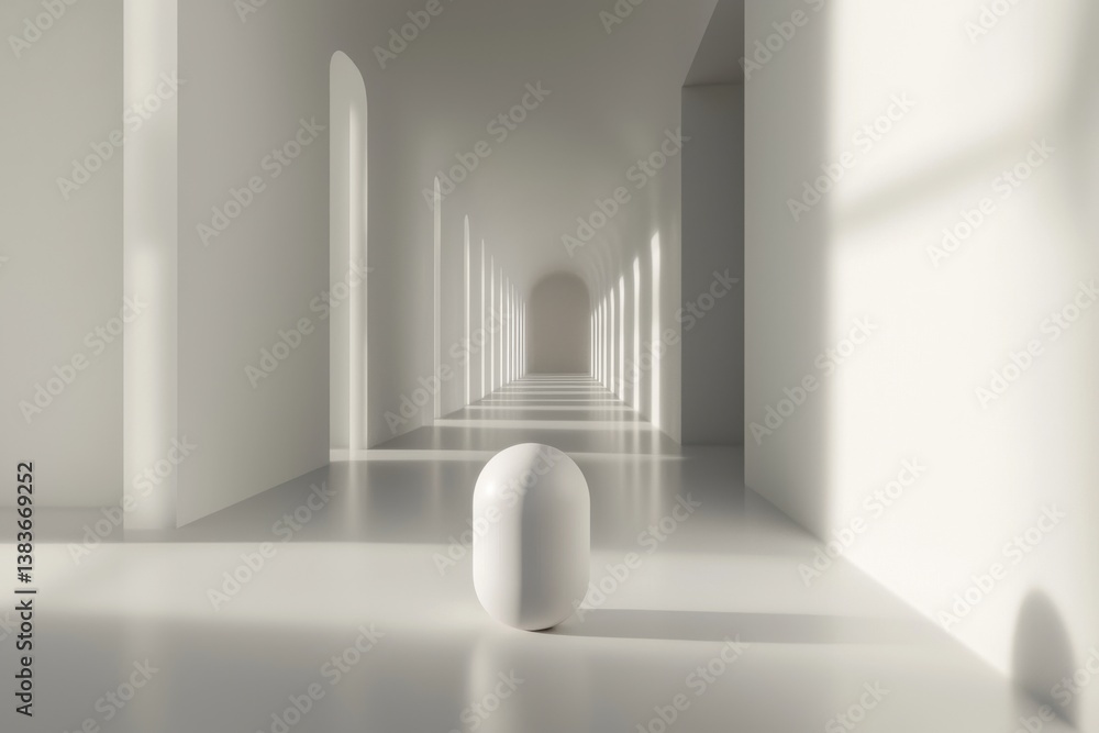 Aufkleber a solitary white object stands in a bright, minimalistic hallway illuminated by arched windows, crea