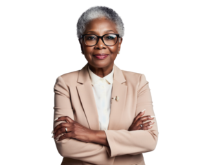 Selbstbewusste ältere Businessfrau mit Brille im Anzug PNG mit transparentem Hintergrund

