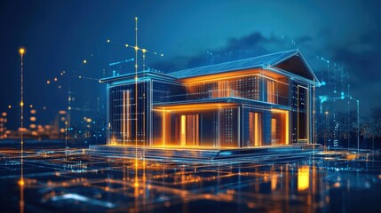 Vibrant house set against a blue and orange sunset background illustrating the future of smart home living