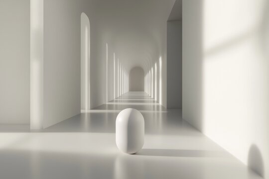 A solitary white object stands in a bright, minimalistic hallway illuminated by arched windows, creating a serene and modern architectural perspective.