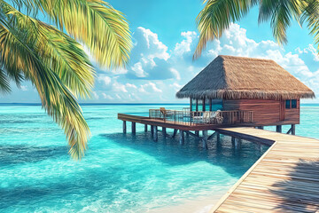 A luxurious overwater bungalow in the Maldives with a turquoise lagoon, infinity pool, and private sundeck in a tropical paradise setting