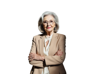 Selbstbewusste ältere Businessfrau mit Brille im Anzug PNG mit transparentem Hintergrund

