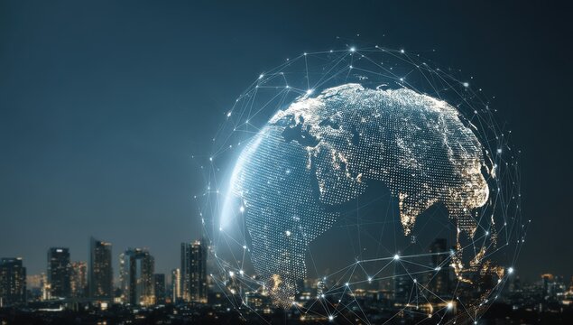 Global Connectivity: A futuristic depiction of global data networks overlaying a glowing digital Earth, hovering over a cityscape at night, representing interconnectedness.