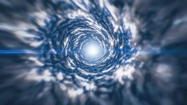 Abstract swirling vortex with bright light at center creating a sense of depth and motion