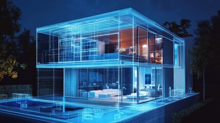 Modern house with a sparkling pool surrounded by lush greenery in a sunny smart home environment