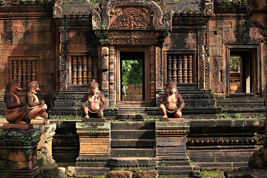 Banteay Srei - a 10th century Hindu temple dedicated to Shiva. The temple built in red sandstone was rediscovered 1814 in the jungle of the Angkor area of Cambodia