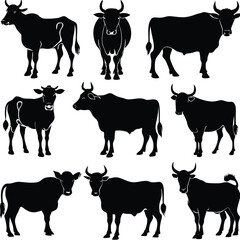 Black Cow silhouette vector icon set isolated on white background.