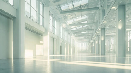 Fototapeta premium Modern White Interior Spacious Hallway Large Windows Sunlight Architecture Design Cle