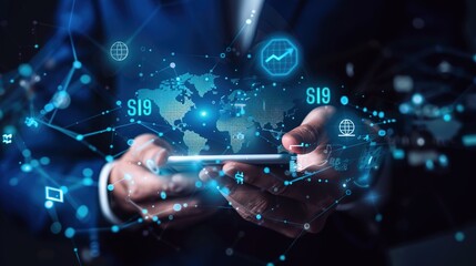 Online Internet Banking and Interbank Payment Concept: Man with Virtual Global Currency Symbols on Hand, Facilitating Money Transfers and Currency Exchanges Between Countries