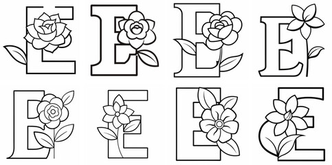 Obraz premium Alphabet E with Flower Outline Coloring Book Page Line Art Drawing Set White Background