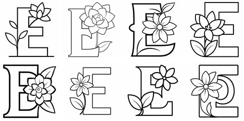 Obraz premium Alphabet E with Flower Outline Coloring Book Page Line Art Drawing Set White Background
