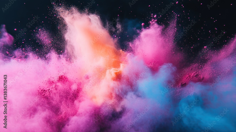 Poster dynamic explosion of vibrant colored powder creating abstract ethereal forms