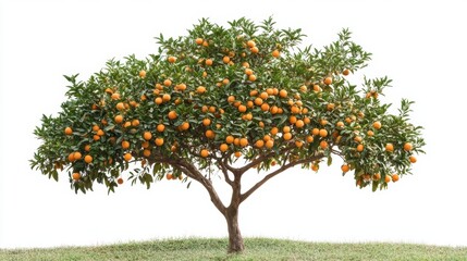 Lush orange tree laden with ripe, juicy oranges against a white background.