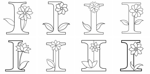 Fototapeta premium Alphabet I with Flower Outline Coloring Book Page Line Art Drawing Set White Background