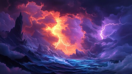 Dramatic fantasy seascape with lightning storm, dark clouds, and rocky peaks.