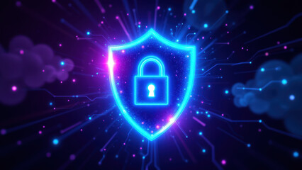 Vibrant cybersecurity lock icon with glowing elements.