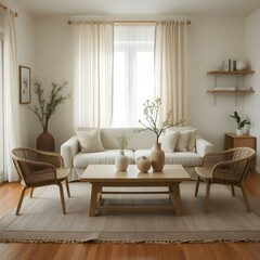 Japandi modern style living room with natural wood, woven textures, and minimalist decor in soft neutrals, creating a bright and serene atmosphere