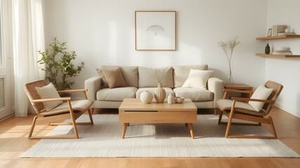 Japandi modern style living room with natural wood, woven textures, and minimalist decor in soft neutrals, creating a bright and serene atmosphere