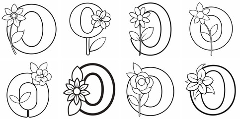 Alphabet O with Flower Outline Coloring Book Page Line Art Drawing Set White Background

