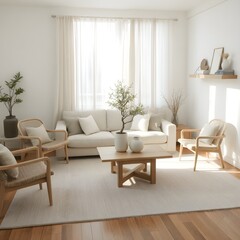 Japandi modern style living room with natural wood, woven textures, and minimalist decor in soft neutrals, creating a bright and serene atmosphere