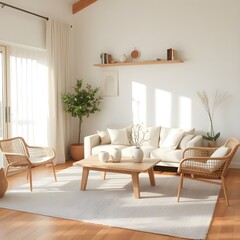 Japandi modern style living room with natural wood, woven textures, and minimalist decor in soft neutrals, creating a bright and serene atmosphere