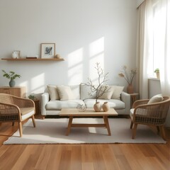Japandi modern style living room with natural wood, woven textures, and minimalist decor in soft neutrals, creating a bright and serene atmosphere