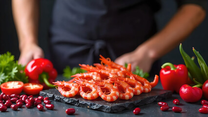A photo of a seafood dish prepared in an Eastern kitchen, featuring a professional cook. The dark background is a deep charcoal grey, adding contrast to the vibrant food. 
