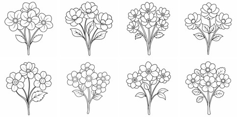 Anemone Flower Bouquet Outline Coloring Book Page Line Art Drawing Set White Background
