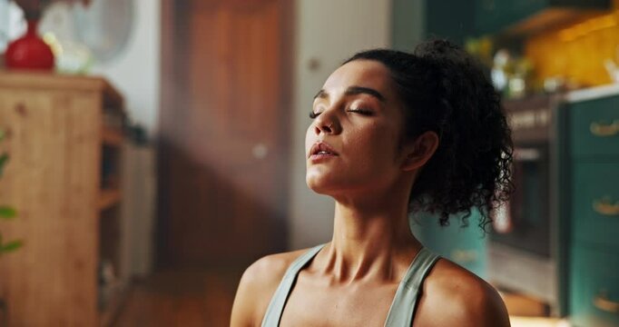 Girl, calm and yoga in home for meditation, breathing exercise and wellness in morning. Fitness woman, zen and mindfulness in lounge for stress management, spiritual healing and peace to align chakra