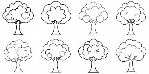 Obraz premium Apple Tree Outline Coloring Book Page Line Art Drawing Set White Background