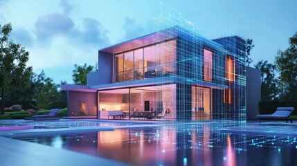 Obraz premium Luxurious house with a beautiful pool area creating an inviting outdoor space for relaxation and leisure activities