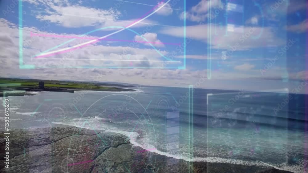 Poster coastal landscape with digital graphs and data processing animation over ocean