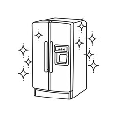 Modern double-door refrigerator vector with ice dispenser, clean outline style and sparkling details on white background.