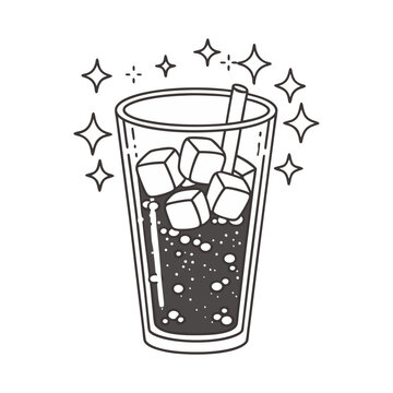 recommend clip art: Sparkling soda drink vector with ice cubes and straw, clean black outline in a fresh and bubbly minimalist style.
