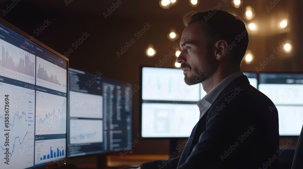 Poster Focused businessman analyzing data on multiple monitors in a dark office.