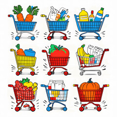 icons shopping basket with goods purchases bright pictures on white background