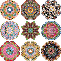Set of colorful cute Mandalas. Decorative unusual round ornaments.