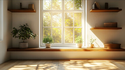 oneul ohu 124 front view sunlit window with wooden shelves warm natural light streaming in bedroom soft shadows clean white walls minimalism sunny day 2d