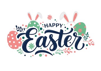 A cheerful Easter greeting featuring a playful bunny and pastel eggs, adorned with elegant lettering and floral accents in a vibrant, spring-themed design.