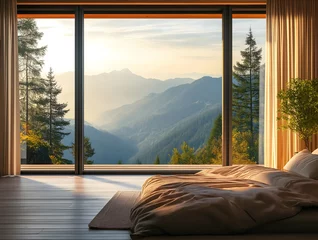 Foto auf Acrylglas Hotel 4k wallpaper realistic photo luxury mountain house vie from the room through a window in the nature  © nirato