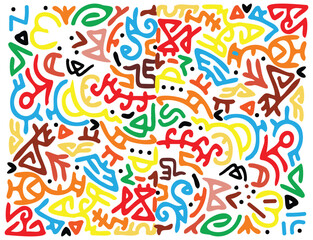 A vibrant abstract pattern featuring colorful, swirling shapes and lines in red, blue, yellow, and green against a white background, it could be used as a wallpaper, fabric design, pillow cover