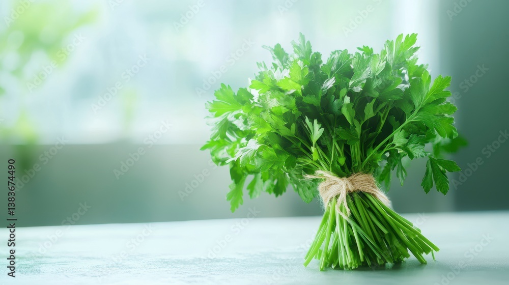 Poster fresh parsley bunch tied with twine on a light table, soft background.