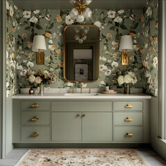 beautiful bathroom in muted olive green and floral wallpaper and gold mirror and lamps and abstract pattern on rug