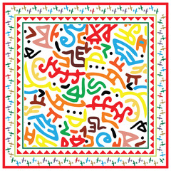 Abstract multicolored shapes and lines form a vibrant, chaotic pattern, bordered by a geometric frame in red and green, it could be used as a wallpaper, fabric design, pillow cover, curtains and bag