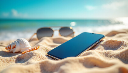Smartphone mockup resting on sandy beach, vibrant vacation vibes