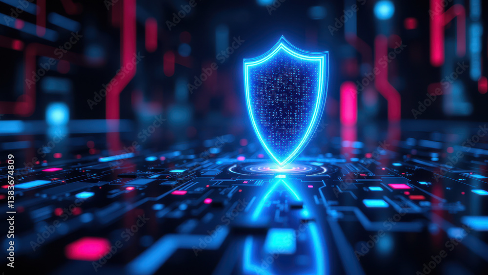 Poster a digital shield symbolizing cyber security on a circuit board background with blue and red hues.